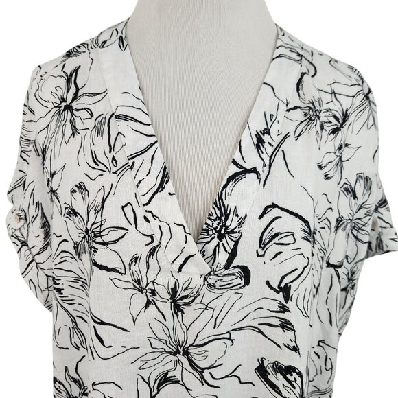 Joie Blouse Women's 1X Linen V Neck Short Sleeve Floral Print Top Black White - Picture 5 of 12